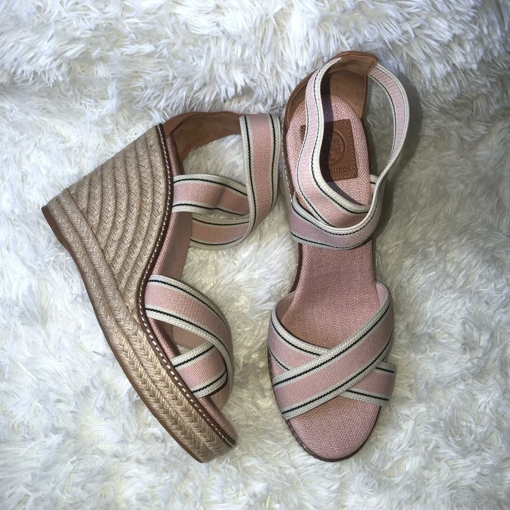 Tory Burch Pink and Tan Wedge Sandals size 10-11